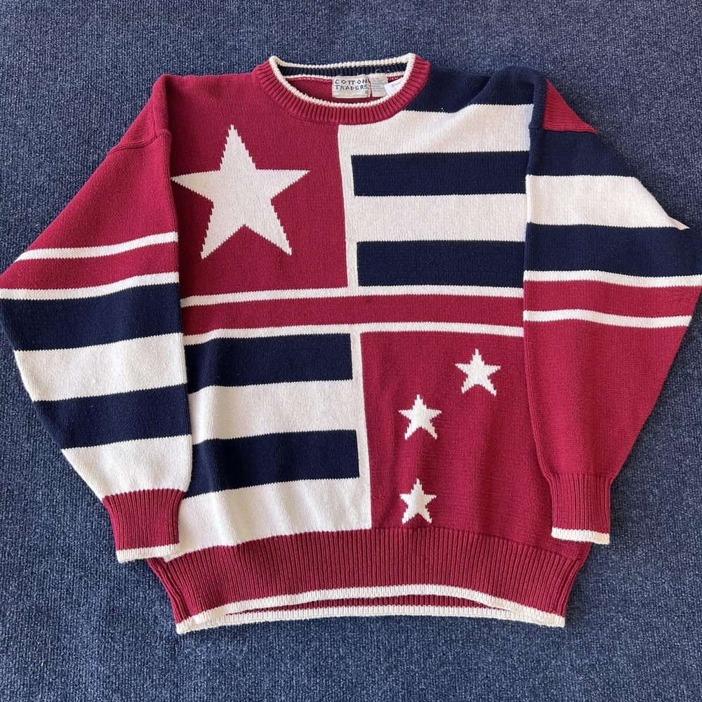 Vintage Cotton Traders Sweater Mens Extra Large Red Blue White Stars Striped 90s
